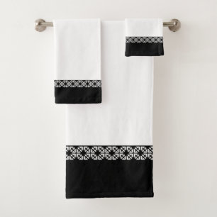 Black Elegant Geometric Border on White Bath Towel Set