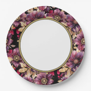 Black Elegant Gold Burgundy Floral pattern border Paper Plates