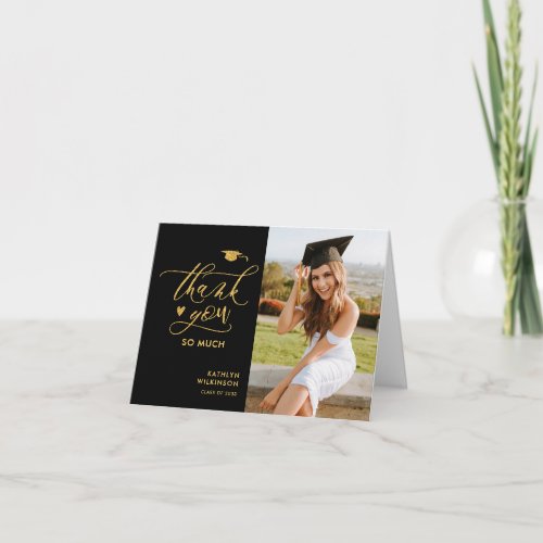 Black Elegant Gold Glitter Script Photo Graduation Thank You Card