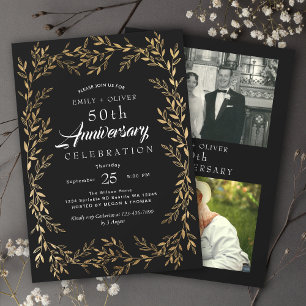 Black Elegant Gold Leaf Anniversary Photo Invitation