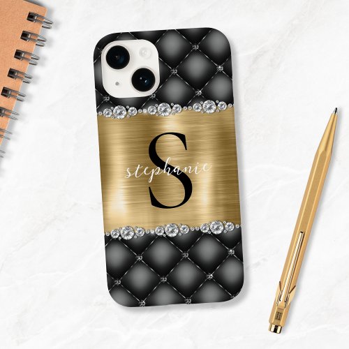 Black Elegant Gold Metal Diamonds Monogram  Case_Mate iPhone 14 Case