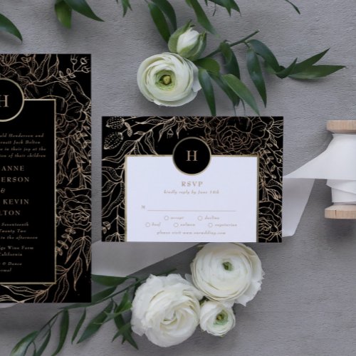 Black Elegant Gold Monogram Wreath Wedding RSVP Card