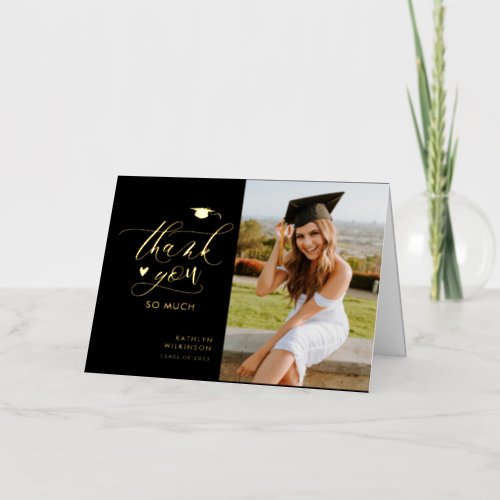 Black Elegant Gold Script Graduation Thank You Foil Greeting Card