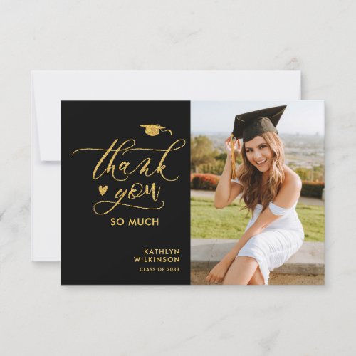 Black Elegant Gold Script Graduation Thank You Invitation