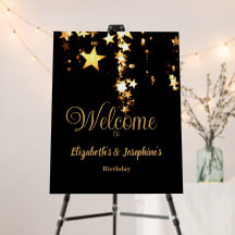 Black elegant & gold stars double joint birthday