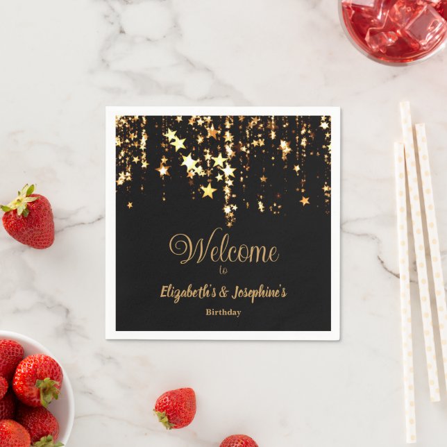 Black elegant & gold stars double joint birthday napkins (Insitu)