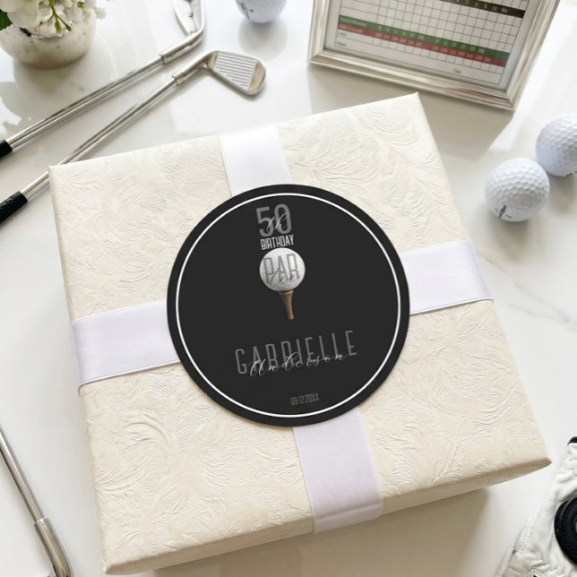 Black Elegant Golf 50 Birthday Par Tee Script Classic Round Sticker (Creator Uploaded)