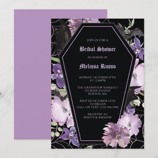 Black Elegant Gothic Floral Coffin Bridal Shower Invitation (Front/Back)