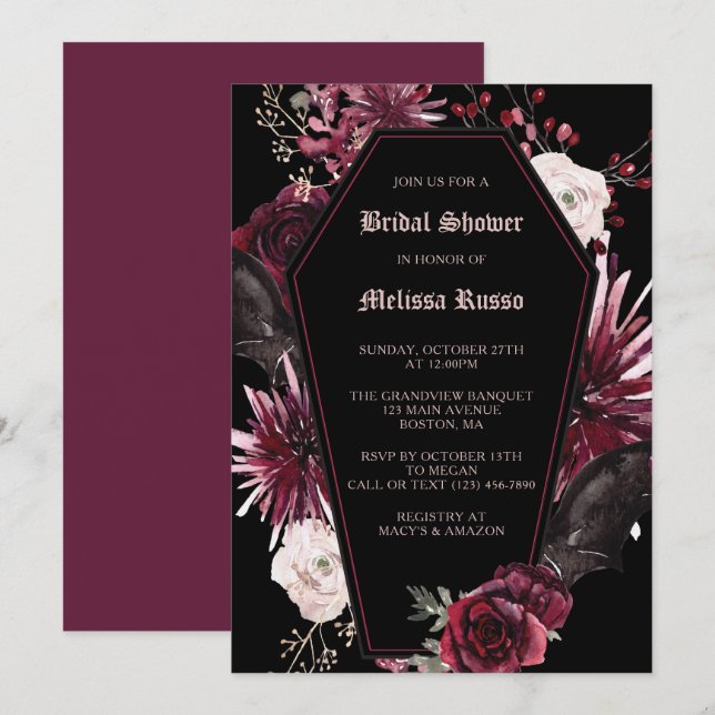 Black Elegant Gothic Rose Coffin Bridal Shower Invitation (Front/Back)