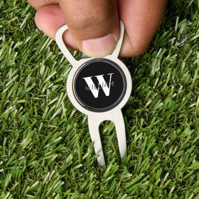 Black | Elegant Gray Name and White Initial  Divot Tool (Insitu 1)