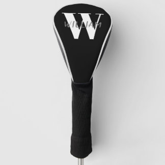 Black | Elegant Gray Name and White Initial  Golf Head Cover
