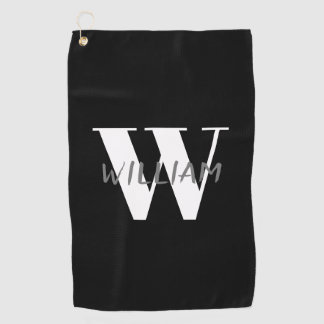 Black | Elegant Gray Name and White Initial  Golf Towel