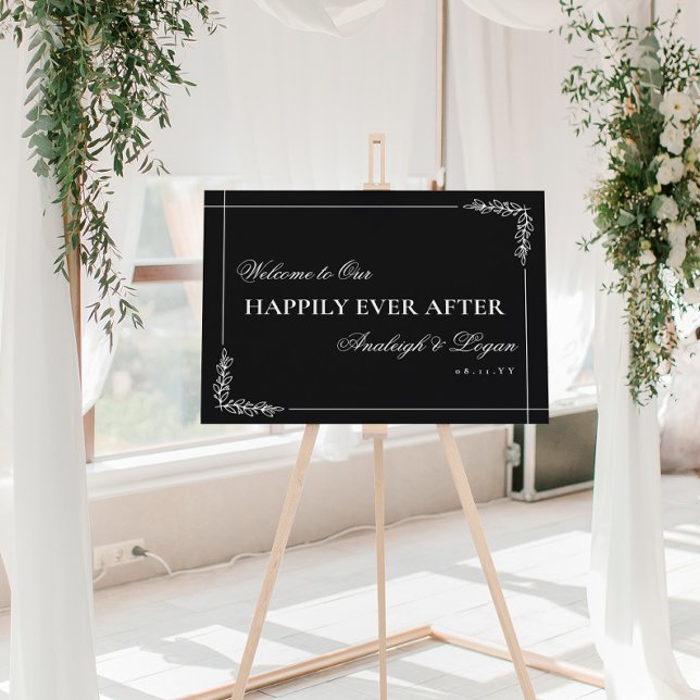Black Elegant Greenery Happily Ever After Welcome Foam Board (Creator Uploaded)