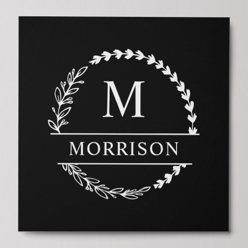 Black Elegant Greenery Wreath Monogram  Last Name Peel And Stick Photo Tile