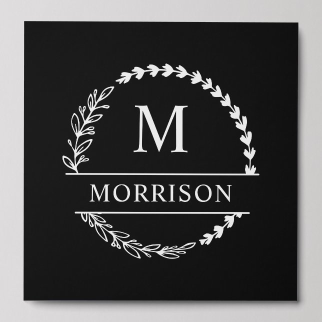 Black Elegant Greenery Wreath Monogram & Last Name Peel And Stick Photo Tile (Front Set)