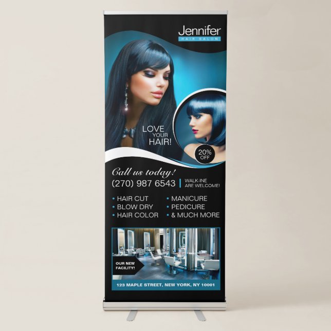 Black Elegant Hair Salon, Beauty Salon Retractable Banner (Front)