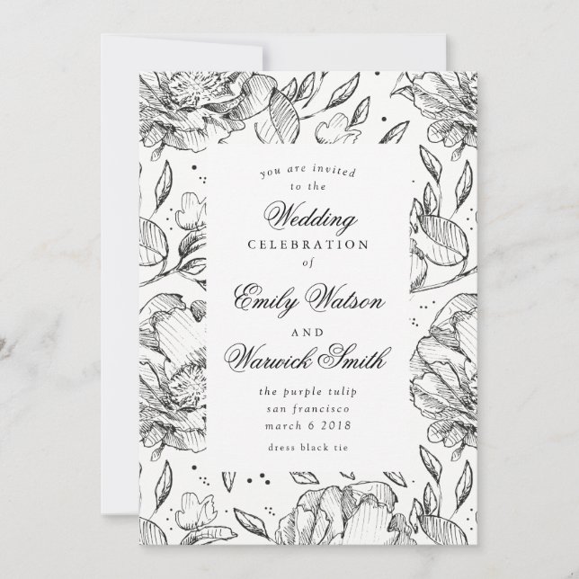 Black Elegant Hand Drawn Floral Wedding Invitation (Front)