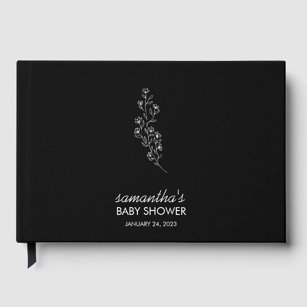 Black Elegant Handdrawn Floral baby shower Guest Book
