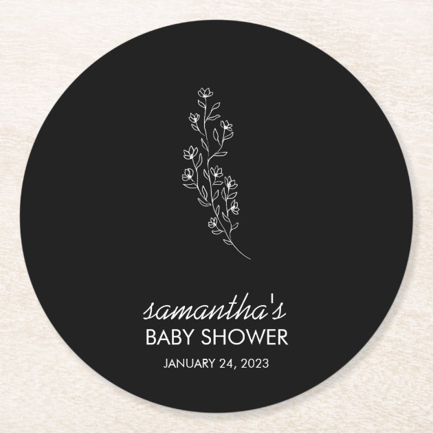 Black Elegant Handdrawn Sketch Flower Round Paper Coaster