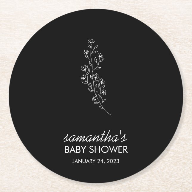 Black Elegant Handdrawn Sketch Flower Round Paper Coaster (Front)