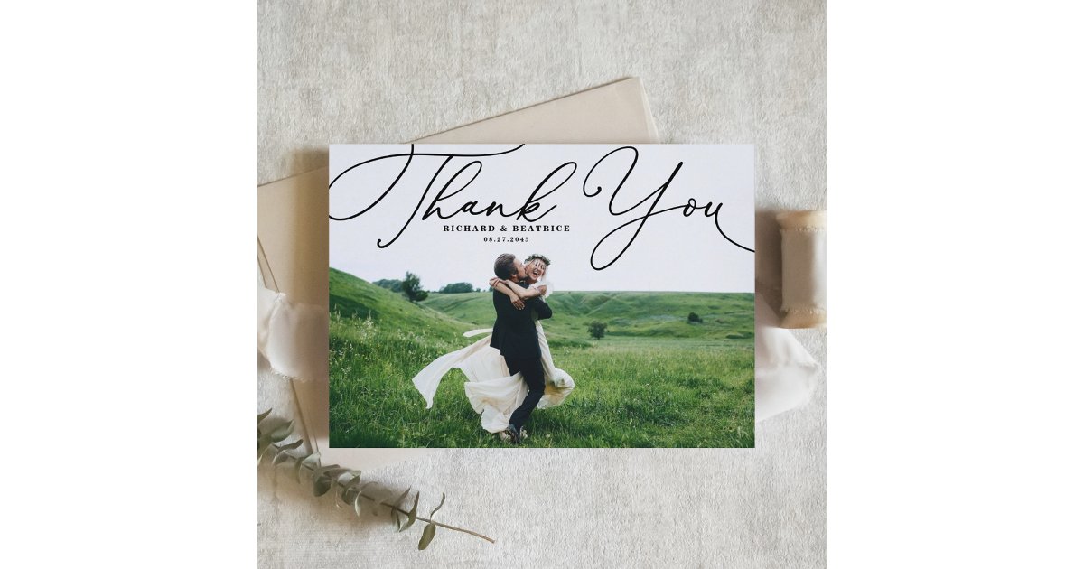 Black Elegant Handwritten Script Photo Wedding Thank You Card | Zazzle