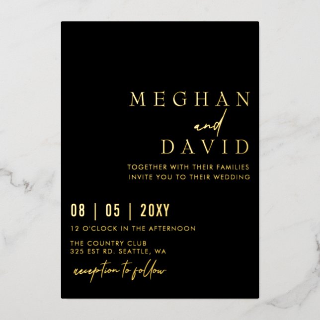 Black Elegant Handwritten Simple Wedding  Foil Invitation (Front)