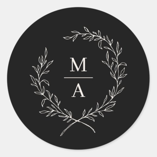 Black Elegant Laurel Wreath Monogram Classic Round Sticker