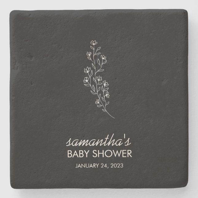 Black Elegant Line Art Flower Stone Coaster (Front)