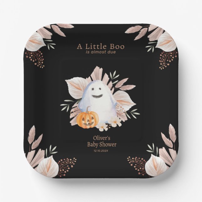 Black Elegant Little Boo Boho Ghost Baby Shower  Paper Plates (Front)