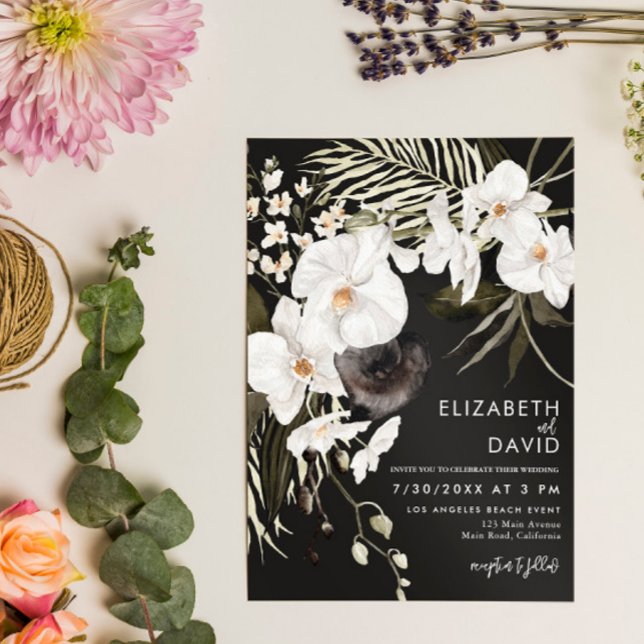 Black Elegant Luxury Floral Orchid Wedding  Invitation (Creator Uploaded)