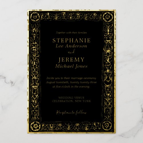 Black Elegant Luxury Romantic Vintage Wedding Gold Foil Invitation