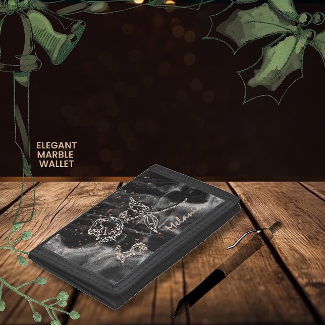 Black Elegant Marble Rose graphic Trifold Wallet (Black Elegant Marble Trifold Wallet)