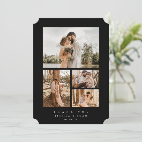 Black Elegant Minimal 4 Photo Wedding Flat Thank You Card