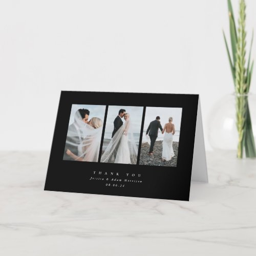 Black Elegant Minimal Triple Photo Wedding Thank You Card