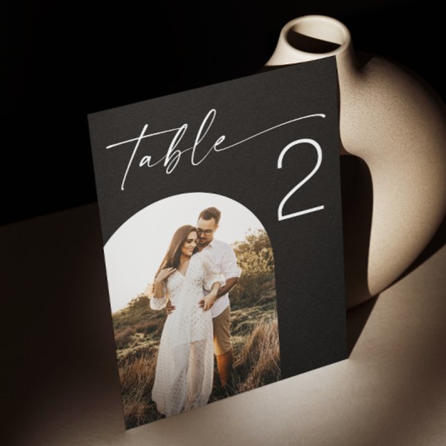 Black elegant minimalist script arch photo wedding table number (Creator Uploaded)