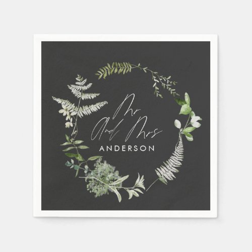 Black elegant modern botanical script wedding napkins