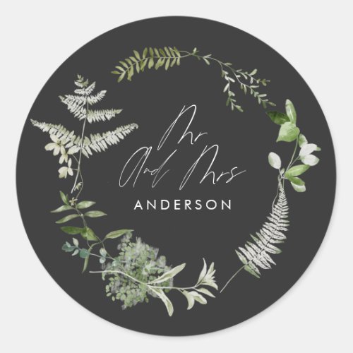 Black elegant modern botanical script wedding pape classic round sticker