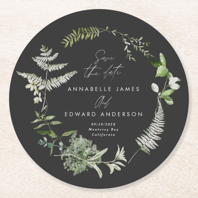 Black elegant modern botanical script wedding save round paper coaster (Front)