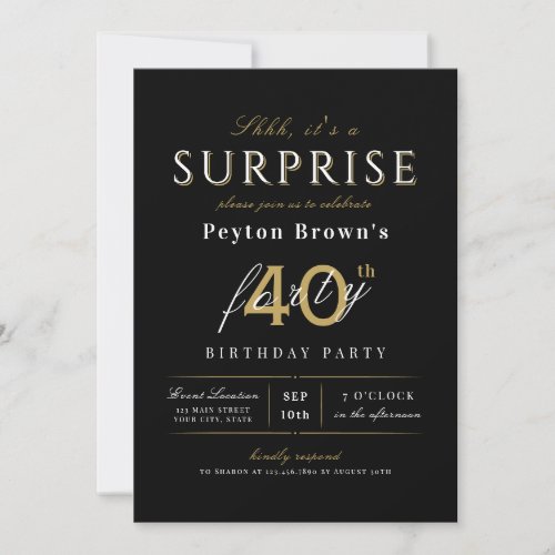 Black elegant modern classy surprise 40th birthday invitation