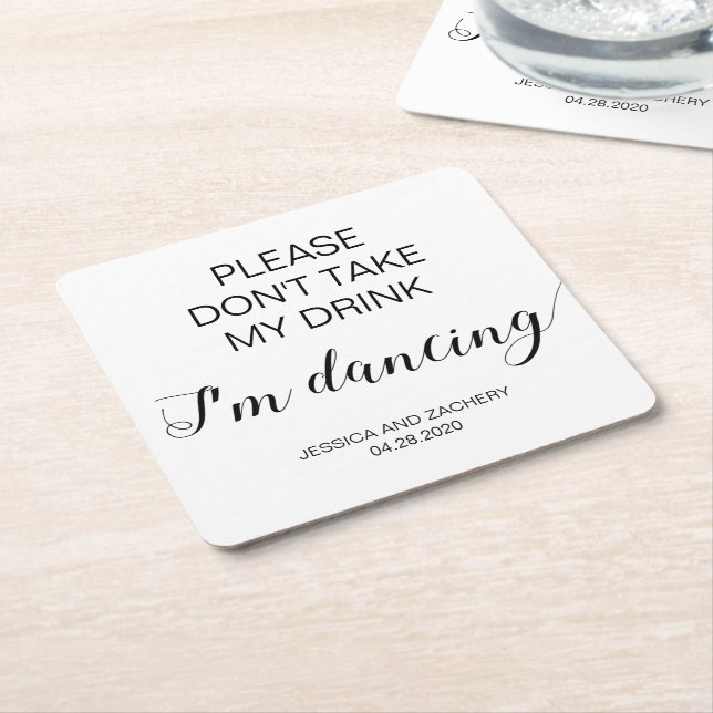 Black Elegant Modern Do Not Take Drink Dancing Square Paper Coaster (Angled)