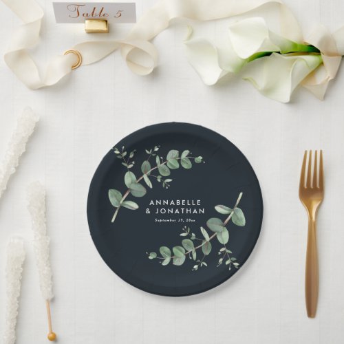 Black elegant modern eucalyptus foliage wedding paper plates