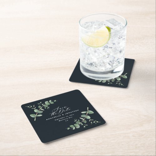Black elegant modern eucalyptus save the date chic square paper coaster