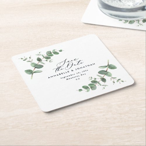 Black elegant modern eucalyptus save the date chic square paper coaster