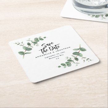 Black Elegant Modern Eucalyptus Save The Date Chic Square Paper Coaster by paper_petal at Zazzle