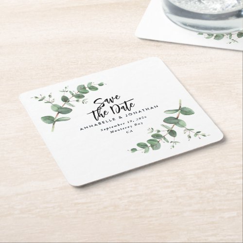 Black elegant modern eucalyptus save the date chic square paper coaster