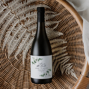 Black elegant modern eucalyptus save the date chic wine label