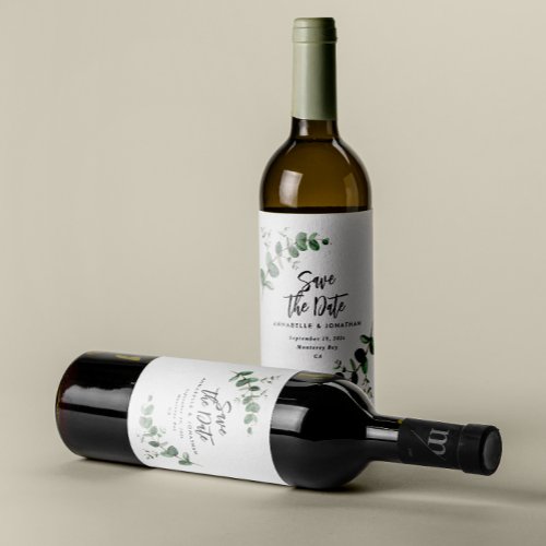 Black elegant modern eucalyptus save the date chic wine label