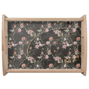 Black Elegant Modern Floral Rose Serving Tray