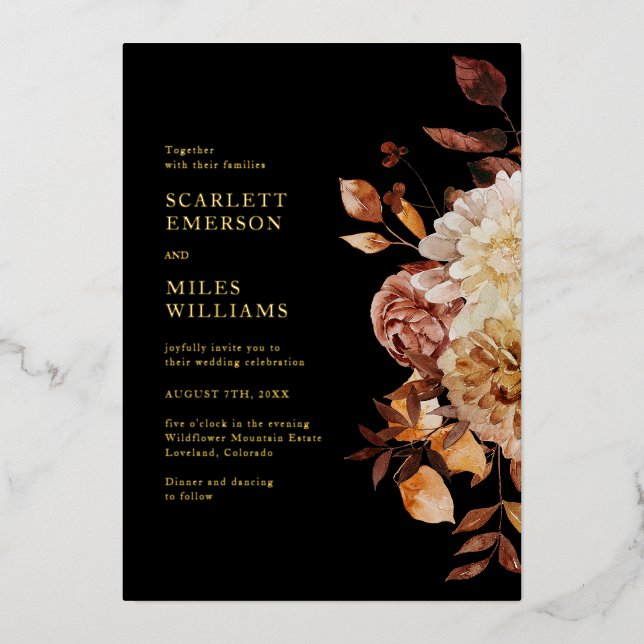 Black Elegant Modern Gold Foil Wedding Foil Invitation (Front)