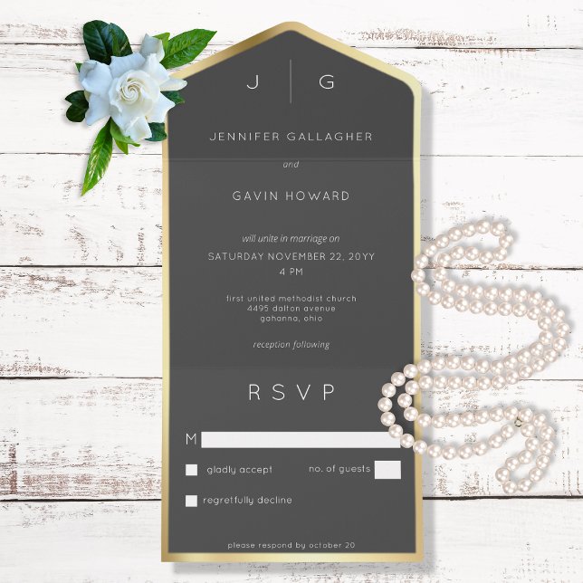 Black Elegant Modern Monogram All In One Invitation (Creator Uploaded)